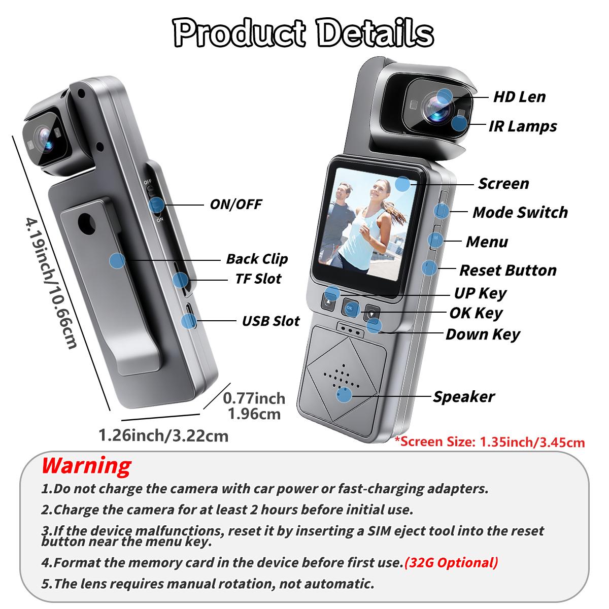 High-Definition 180° Rotating Lens Portable Sports Camera, 6x Digital Zoom, Wide Angle, Wireless Transmission, Night Vision, Loop Recording