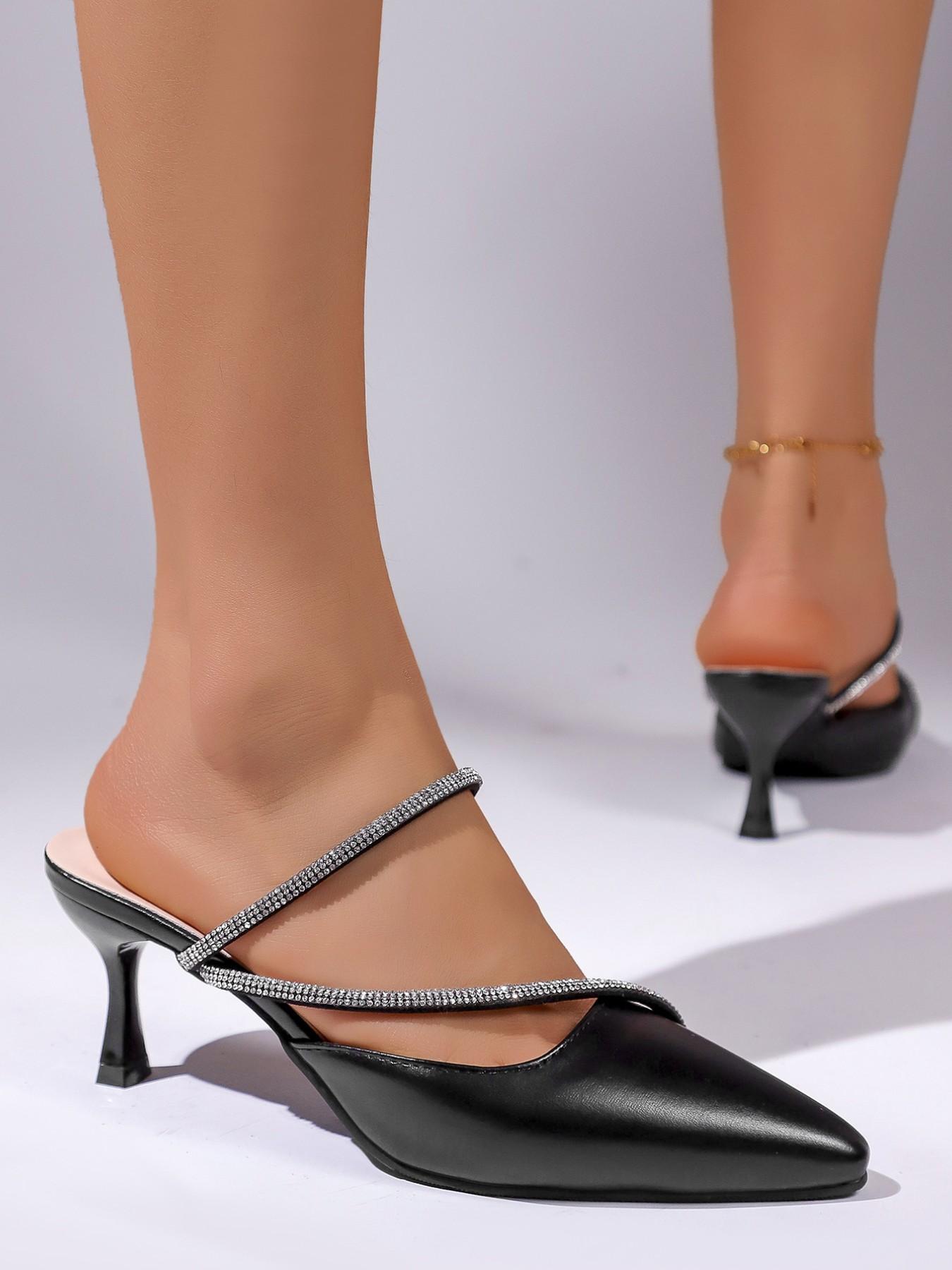 Shiny Rhinestone Pointed Toe Mules, Comfortable Cat Heel Slip-On High Heels, Perfect for Work and Brunch Occasions, Women Footwear