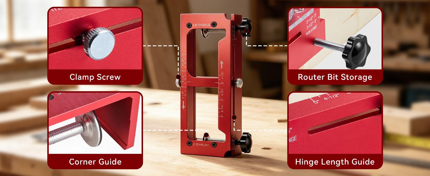 Door Hinge Jig – Aluminum Alloy Cut-Out Tool for Door & Cabinet Hinges, Mortise Jig Fits 2.5" to 5" Hinges, Works with 1/4" and 5/8" Radius and Square Corners
