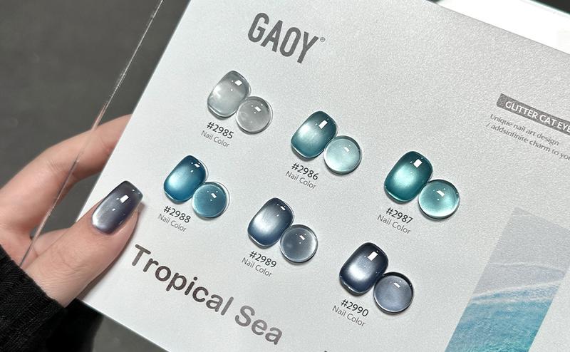 GAOY Tropical Sea Cat Eye Gel Nail Polish Set with Magnet for Blue Glitter Holographic Cat Eye, Salon UV Gel Manicure and Nail Art DIY at Home