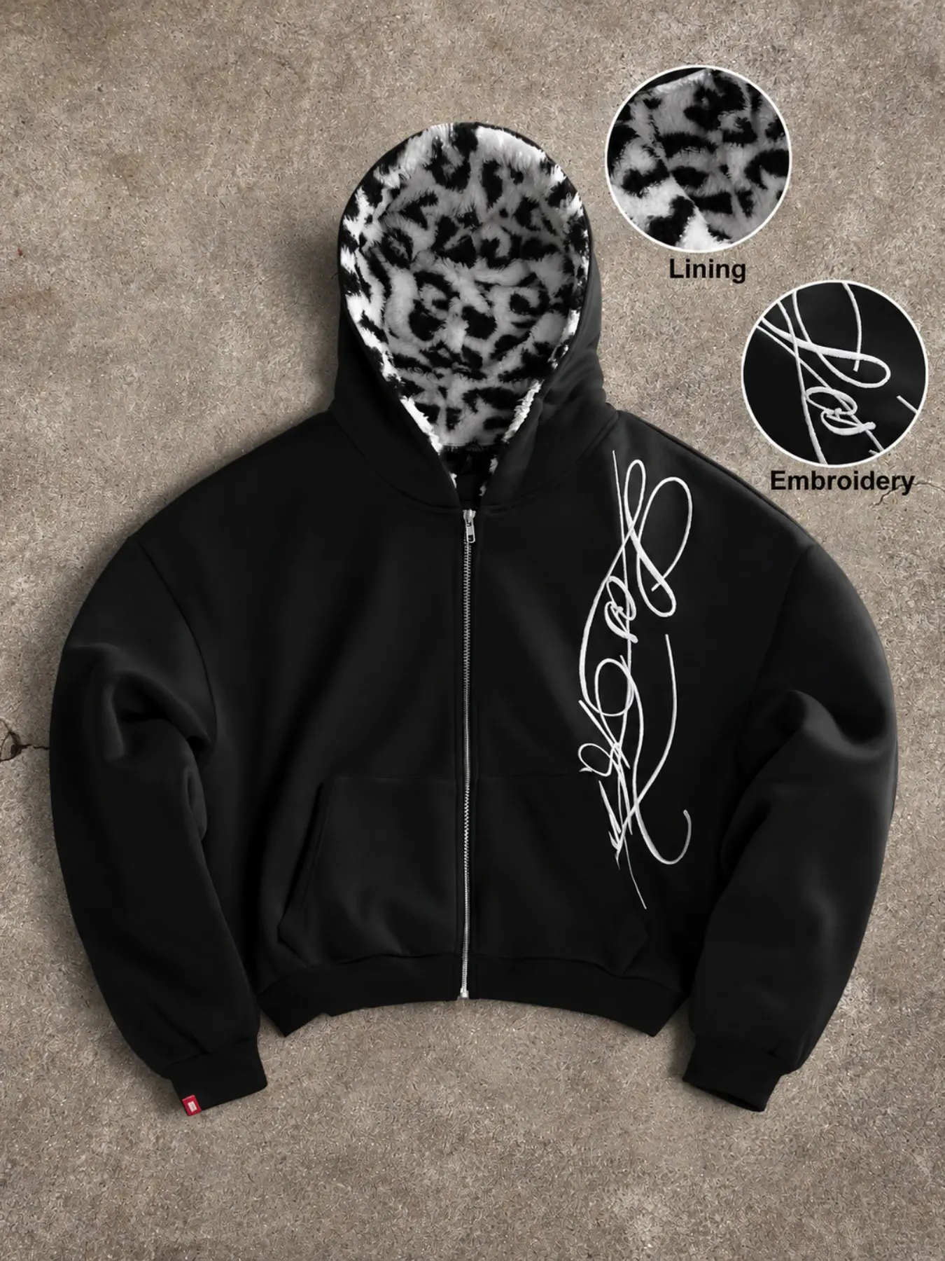 Men Women Streetwear Black Hooded Jacket, Leopard Print Lining, Embroidered Graphic, Long Sleeve, Y2K Casual Fashion, Fall Winter
