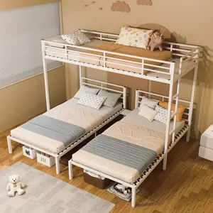 [Bellemave]  Twin Size Triple Bunk Bed, Separates into 3 Twin Beds, Metal 3 Bed Bunk Bed Frame with Ladder and Guardrails, No Box Spring Needed, White