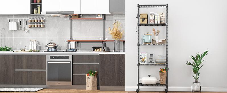 6-Tier Standing Storage Shelf with Wheels, Height Adjustable, Heavy Duty Shelving Unit with Hook for Bathroom Kitchen Garage Bedroom Trolley Rack Vanity Organizer