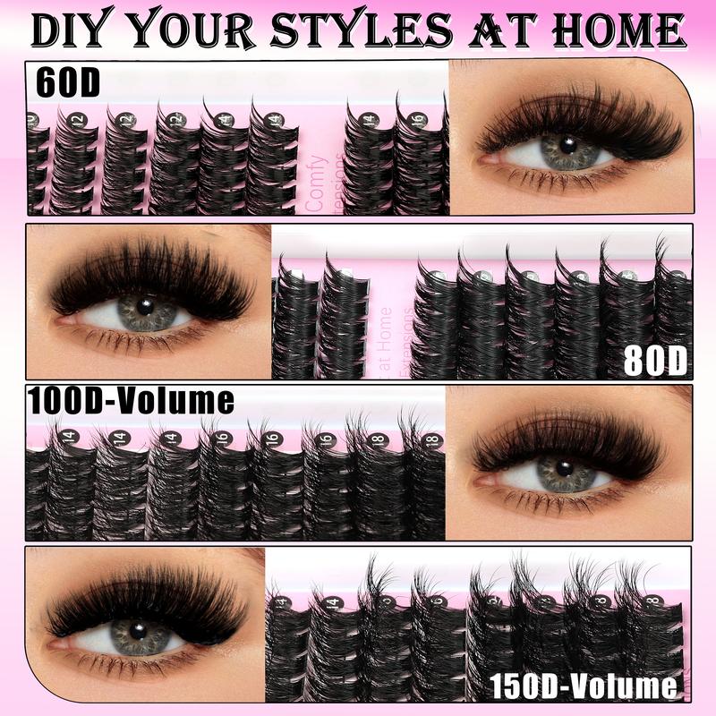 4-Style Lash Clusters Kit, 798pcs/set 10 to 18 mm D-Curl Volume Lashes Eyelash Extensions 60D/80D/100D/150D with Lash Bond and Seal, Remover, Tweezers and Brushes for Easy DIY at Home