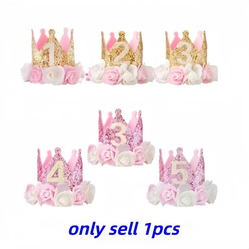 Sequins Birthday Hat for Kids 1-5 Years, Floral Felt Crown Party Accessory, Celebratory Headwear for Events