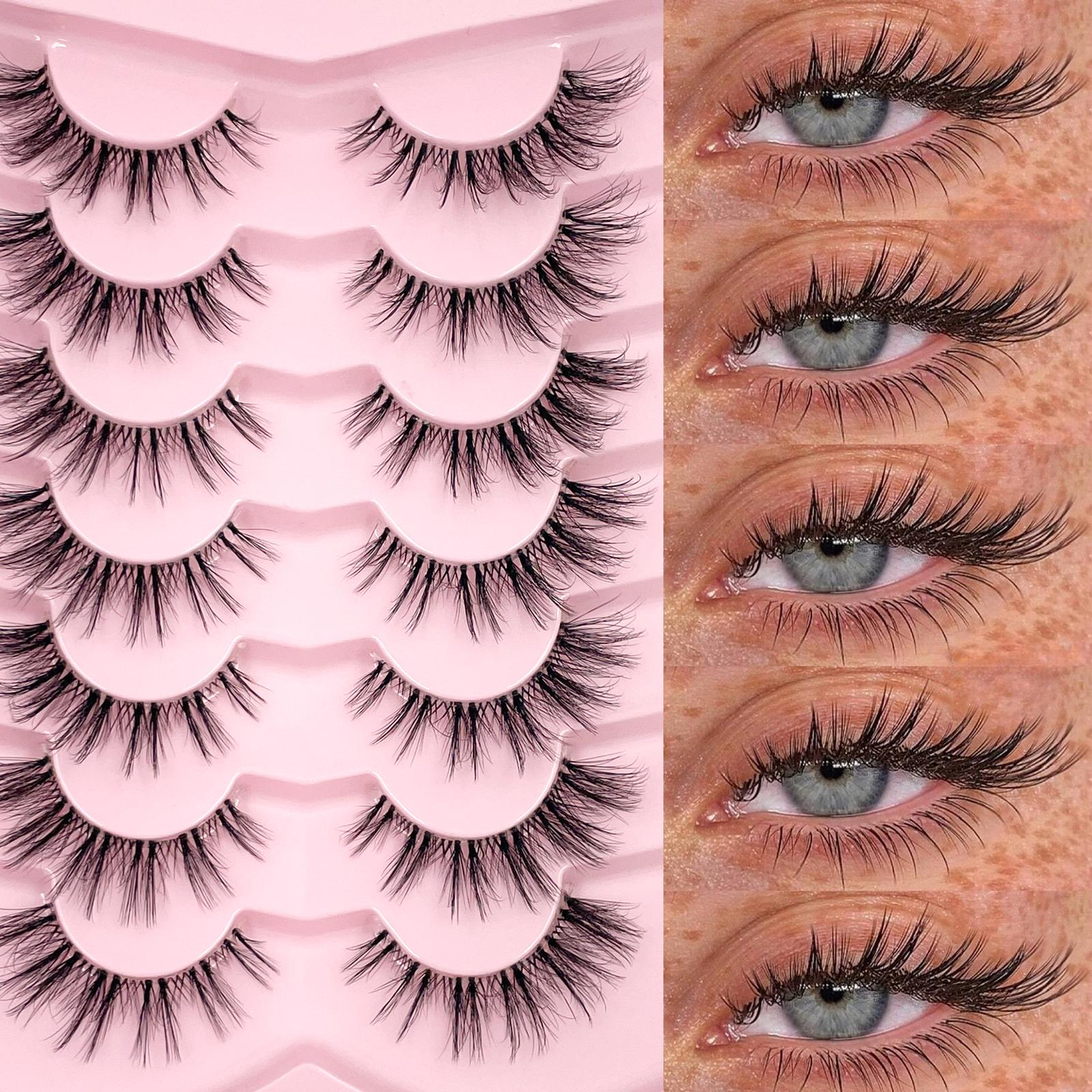 7 Pairs Lashes With Clear Band Fluffy False Lashes Pack Natural Look False Eyelashes Wispy Eyelashes Curly Makeup Eyelashes For Daily Wear