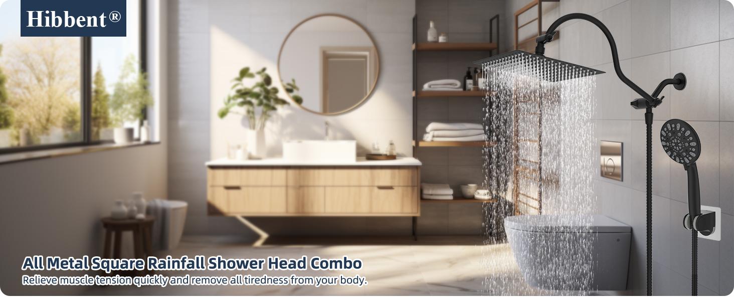 Hibbent 12'' All Metal Shower Head, High Pressure Rainfall Shower Head/Handheld Showerhead Combo/ 12'' Adjustable Curved Shower Extension Arm, 7-Spray, 71'' Hose, Showerhead Holder, Matte Black showerhead combo