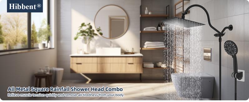 Hibbent 12'' All Metal Shower Head, High Pressure Rainfall Shower Head/Handheld Showerhead Combo/ 12'' Adjustable Curved Shower Extension Arm, 7-Spray, 71'' Hose, Showerhead Holder, Matte Black showerhead combo