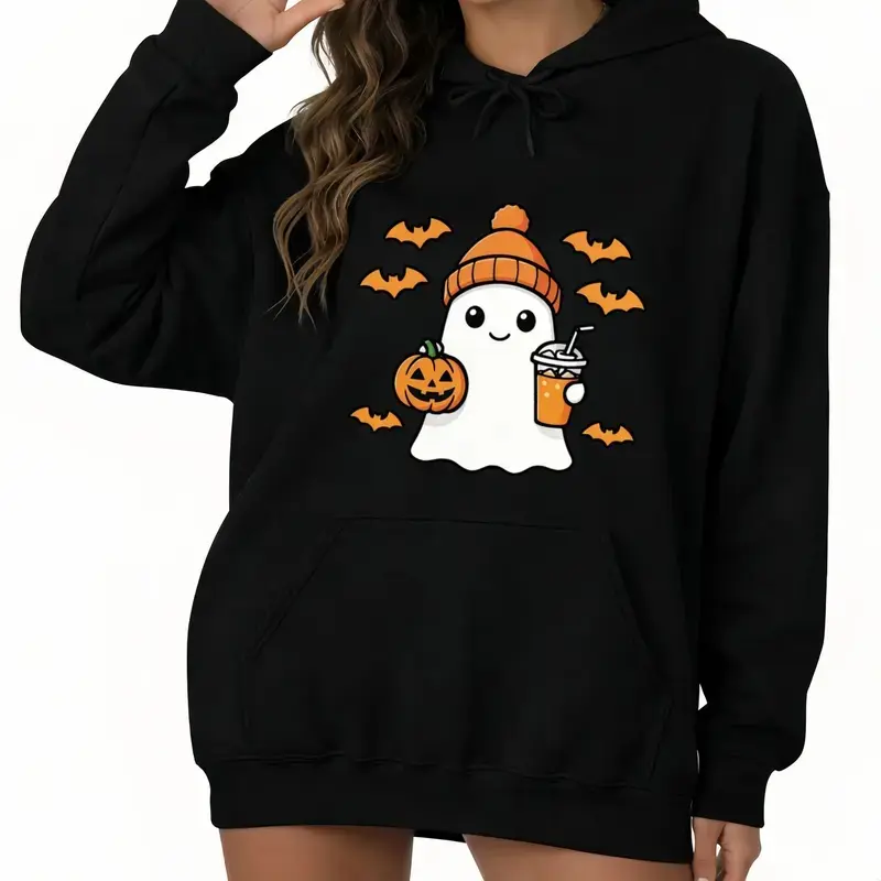Women's Long Sleeve Cotton Pullover Graphic Printed Hoodie Sweatshirt - Cute Ghost & Pumpkin Halloween Design, Breathable Fabric, Casual Crew Neck for Fall Parties & Thanksgiving Gifts