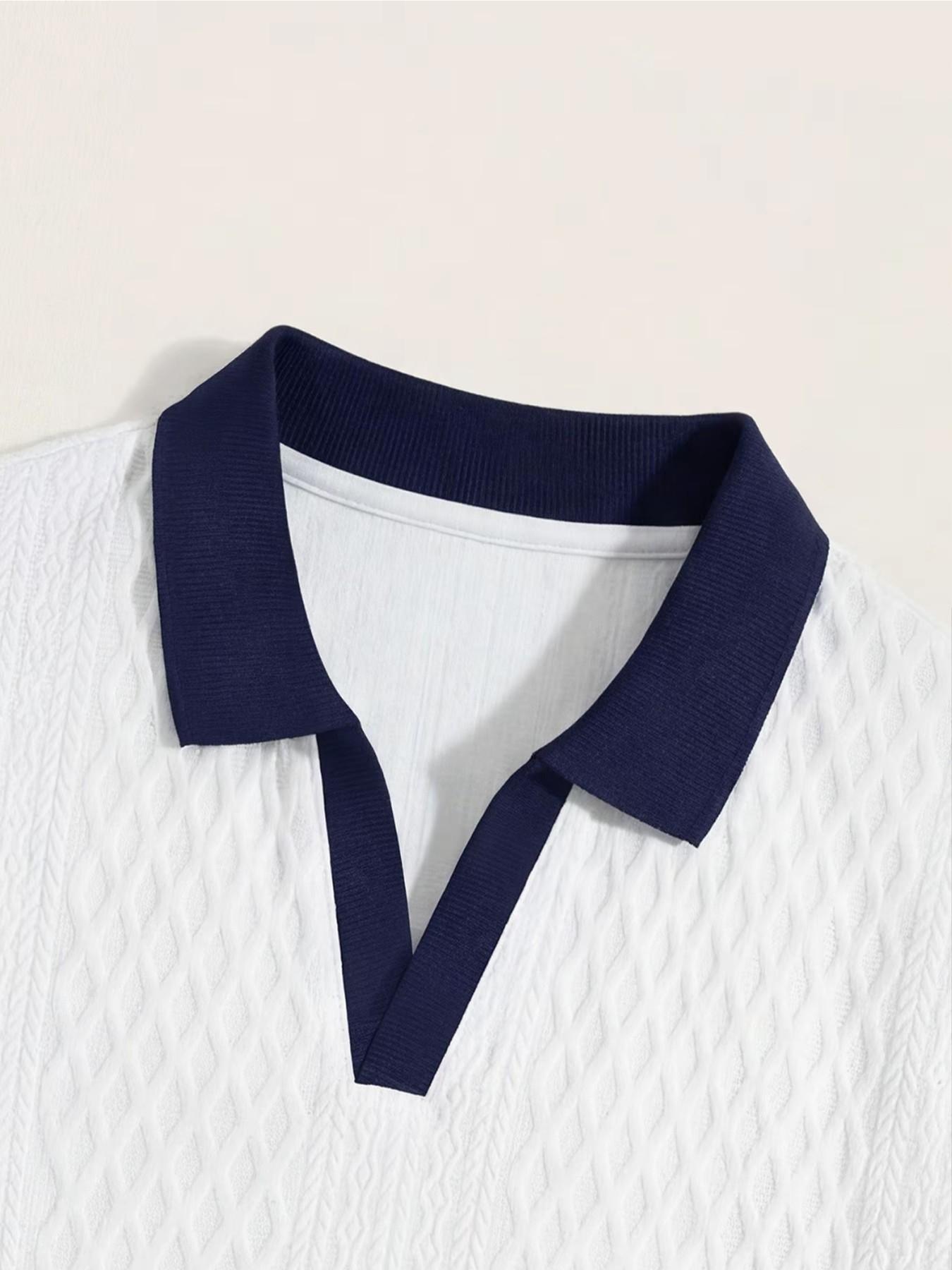 Men's Fashion Patchwork Collar Buttonless Short Sleeve Polo Shirt + Textured Drawstring Shorts, Breathable Fabric, Casual Business Wear