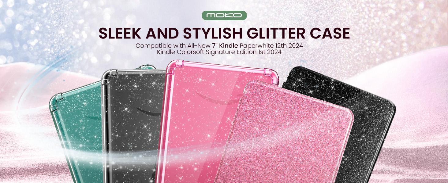 MoKo Case for All-New 7" Kindle Paperwhite 12th Gen 2024 & Kindle Colorsoft 2024/2025,Glitter Clear Kindle Case, Flexible Clear Soft TPU Back Cover Light Shell with Auto Wake/Sleep, Glitter Pink