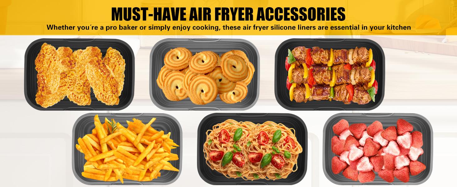 Collapsible Air Fryer Liners 2-Pack for 4Qt Slim Air Fryer(3.3lb Capacity), Reusable Airfryer Pot Rectangle, Non-stick Baking Basket Insert for Air Frier Accessories,Gray+Black