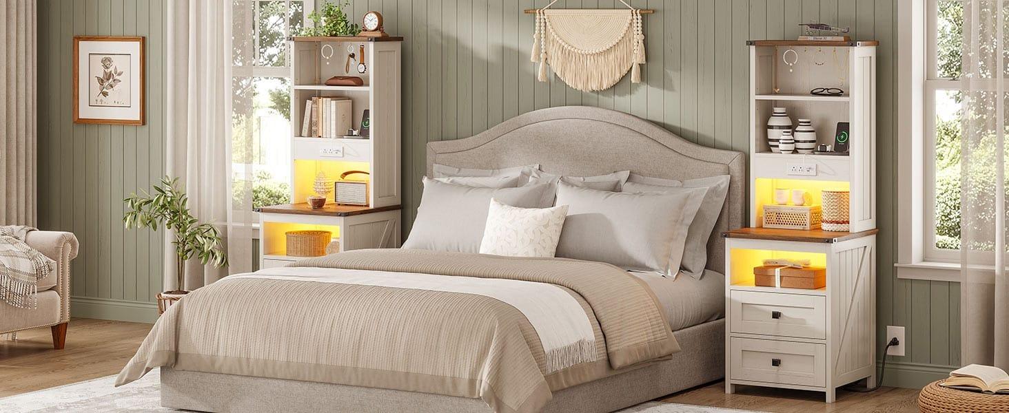 Sikaic Tall Nightstand with Charging Station and Bookshelf White Farmhouse Bedside End Side Table with Led, 2 Drawers, 6 Hooks and Storage Shelves for Bedroom