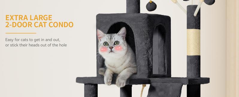 Yitahome 64.5" Cat Tree, Multi-Level Cat House, Large Cat Condo Furniture with Perch Hammock, Scratching Posts and Dangling Balls for Cats and Pets Yitahome 64.5" Cat Tree, Multi-Level Cat House, Large Cat Condo Furniture with Perch Hammock, Scratching Posts and Dangling Balls for Cats and Pets