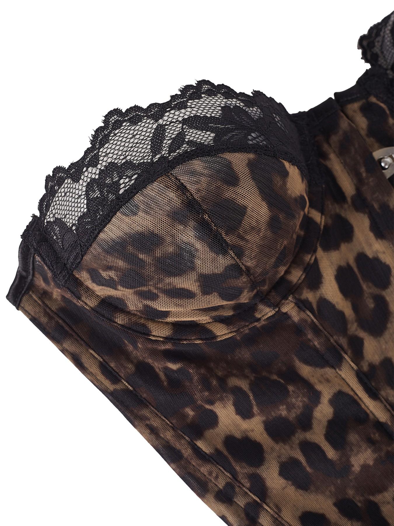 Y2K Leopard Print Lace Trim Corset Top Front Buckle Boned Waist Trainer Sheer Mesh Slimming Bustier For Women Club Party Date Night Outfit Underwear Womenswear classic staple musthave piece timeless style essential basic