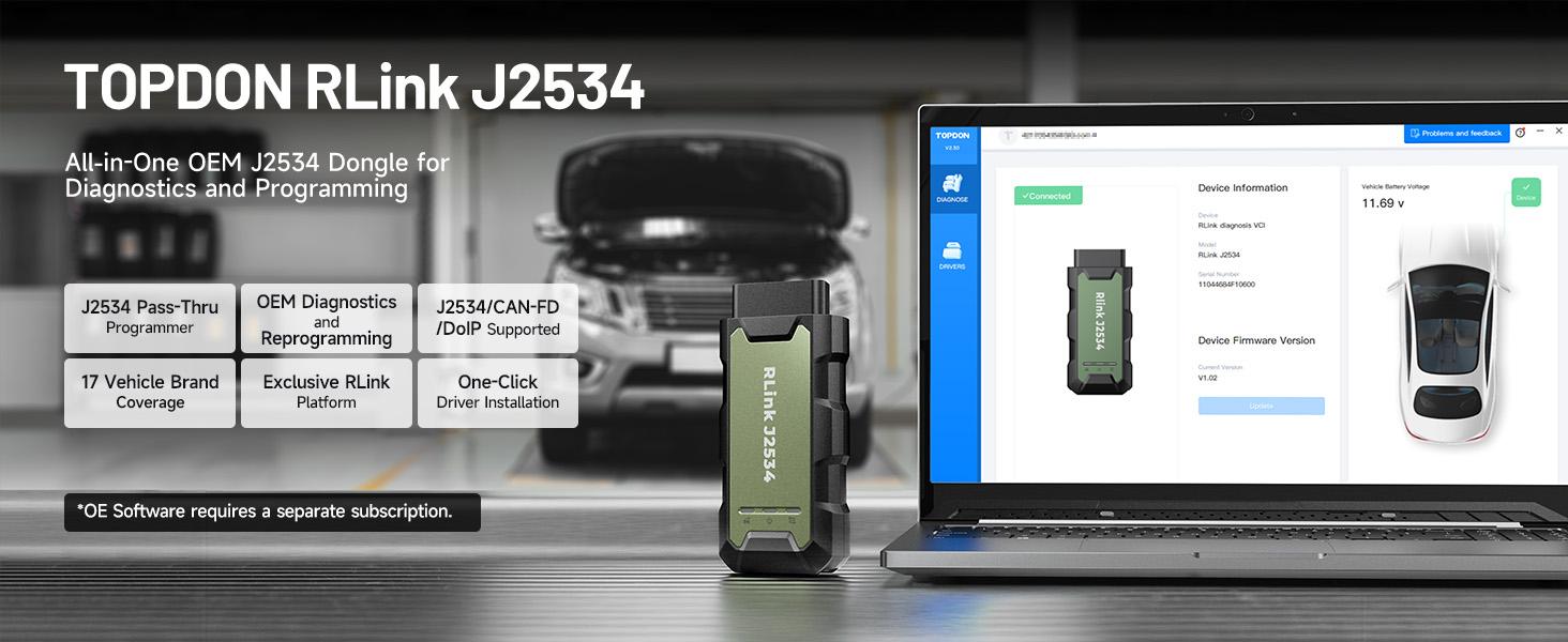 TOPDON RLink J2534 Pass-Thru Programmer, OEM Reprogramming and Diagnostic Tool, Enhanced J2534 VCI, Supports J2534/D-PDU/CAN-FD/DoIP, Compatible with 17+ Vehicle Brands, No OE Software Provided