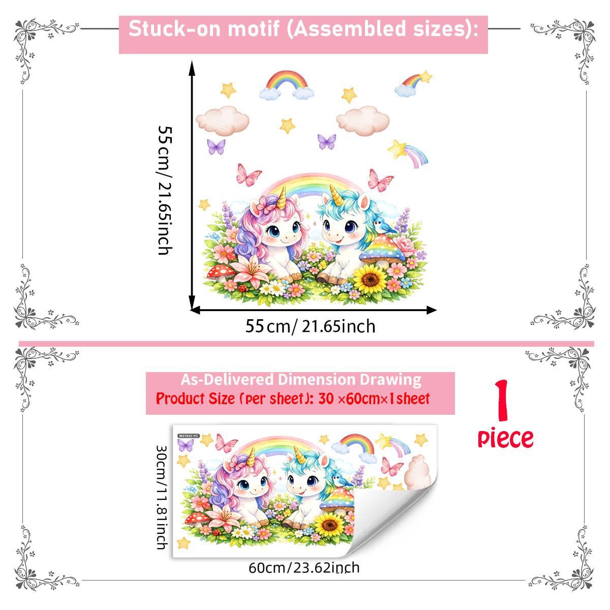 1Pc (30*60cm) Macaron Dreamy Unicorn Wall Sticker, Rainbow Butterfly Wall Decals for Kids Bedroom Decorations Living Room Decor