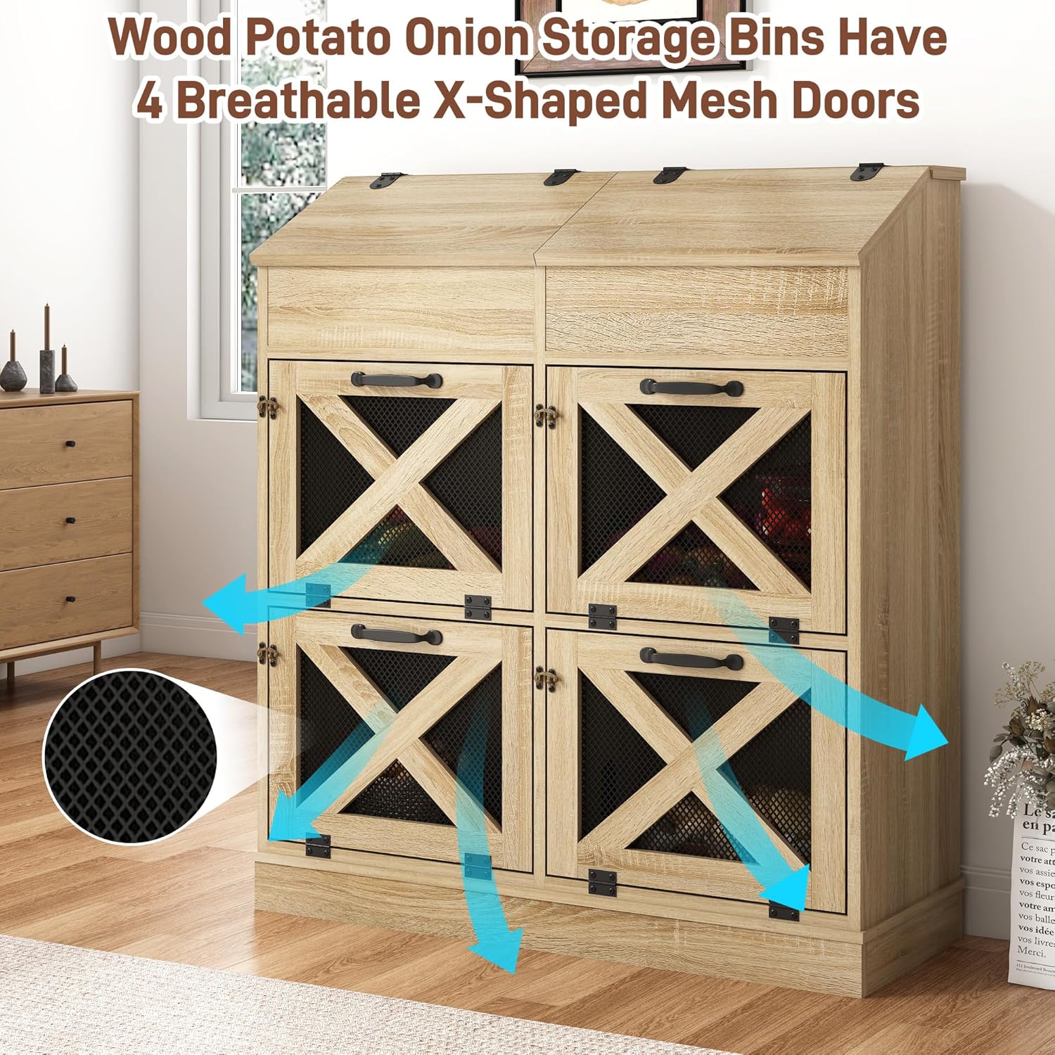 Large Wood Veggie Bin for Potato,Bread,Onion With 6 Large Storage Space. Root Vegetable Storage Box For Kitchen, Farmhouse Wood Potato Box With 4 Mesh Doors,32 * 12.4 * 36 INCH