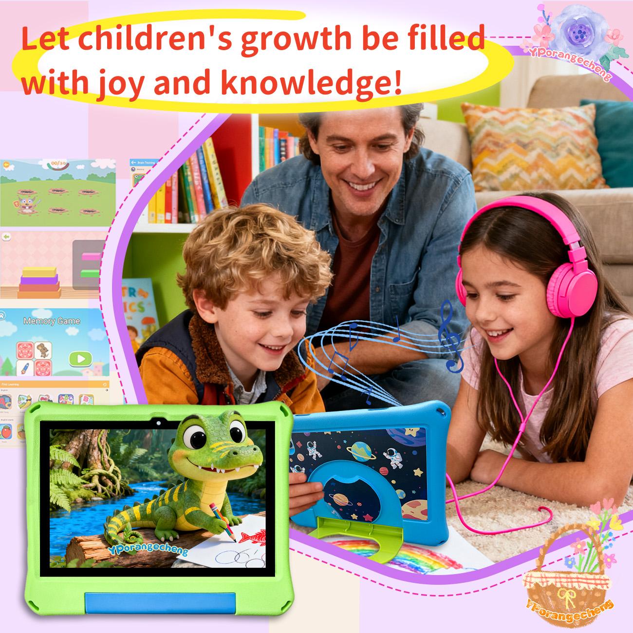 10.1-inch Touchscreen Android tablet, equipped with IWAWA education software, multiple smart applications, for home use, detachable case, portable and drop resistant, Christmas and Halloween gift, accompanying growth, no adapter, blue/pink/green