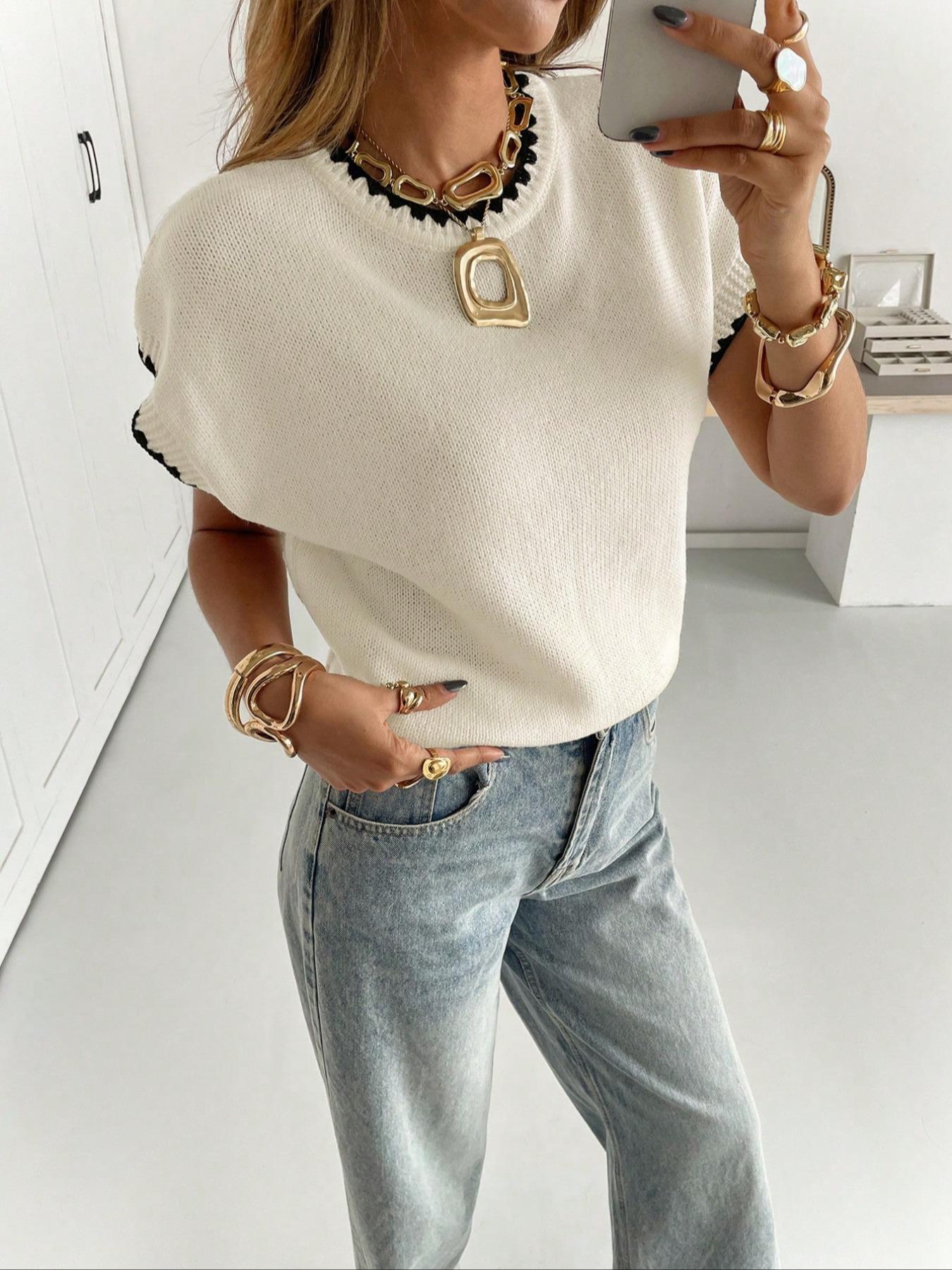 Women's Colorblock Knit Sweater, Casual Fall & Spring Fashion, Ribbed Design, Perfect for Daily Wear, Business & Leisure, Knitwear