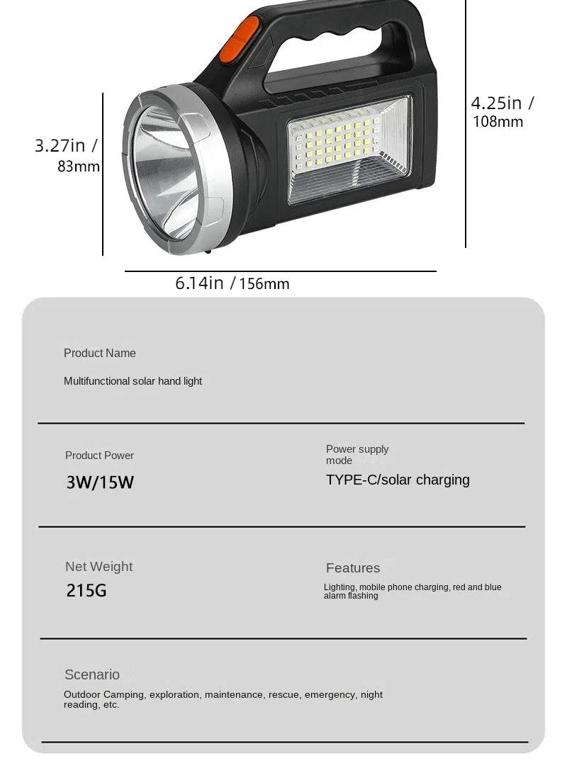 Solar Handheld Flashlight Solar Flashlight with Side Light Multiple Light Modes Long-Lasting Battery Solar Flashlight USB Rechargeable - For Emergencies Hiking Camping for Emergency Lighting