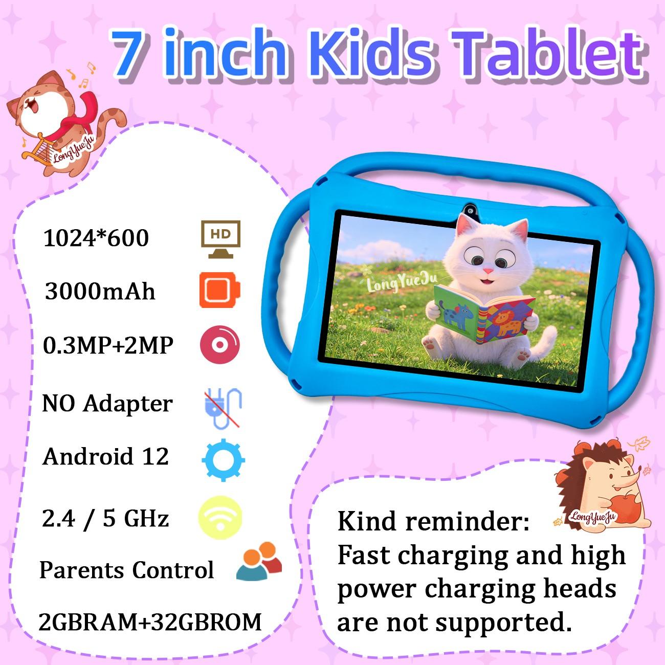 7-inch ultra light children's tablet, Childrens tablet, Toddler tablet, Kid Tablet, One handed grip for children, Anti fall silicone cover+parental whitelist control, Pre installed offline learning content for sofa/car/travel, Blue kindergarten birthday