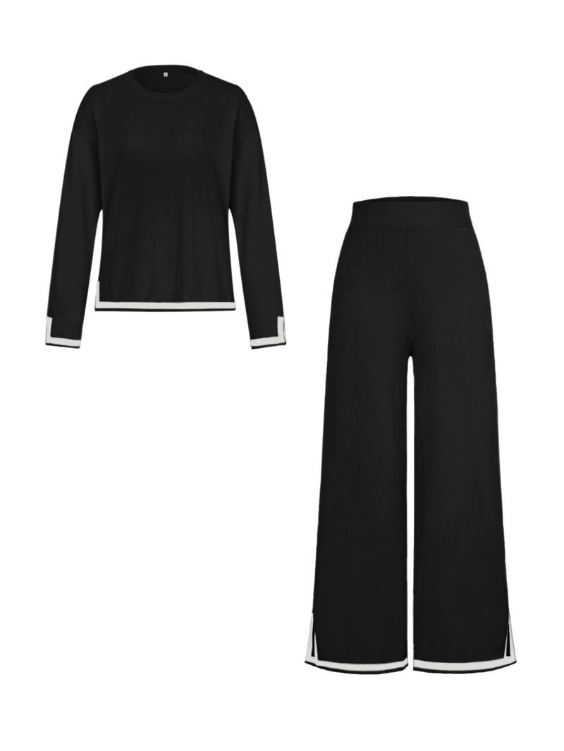 Fashion Casual Colorblock Knit Top and Pants Set, Round Neck Long Sleeve Sweater, Fall & Winter Fitted, Women's Clothing