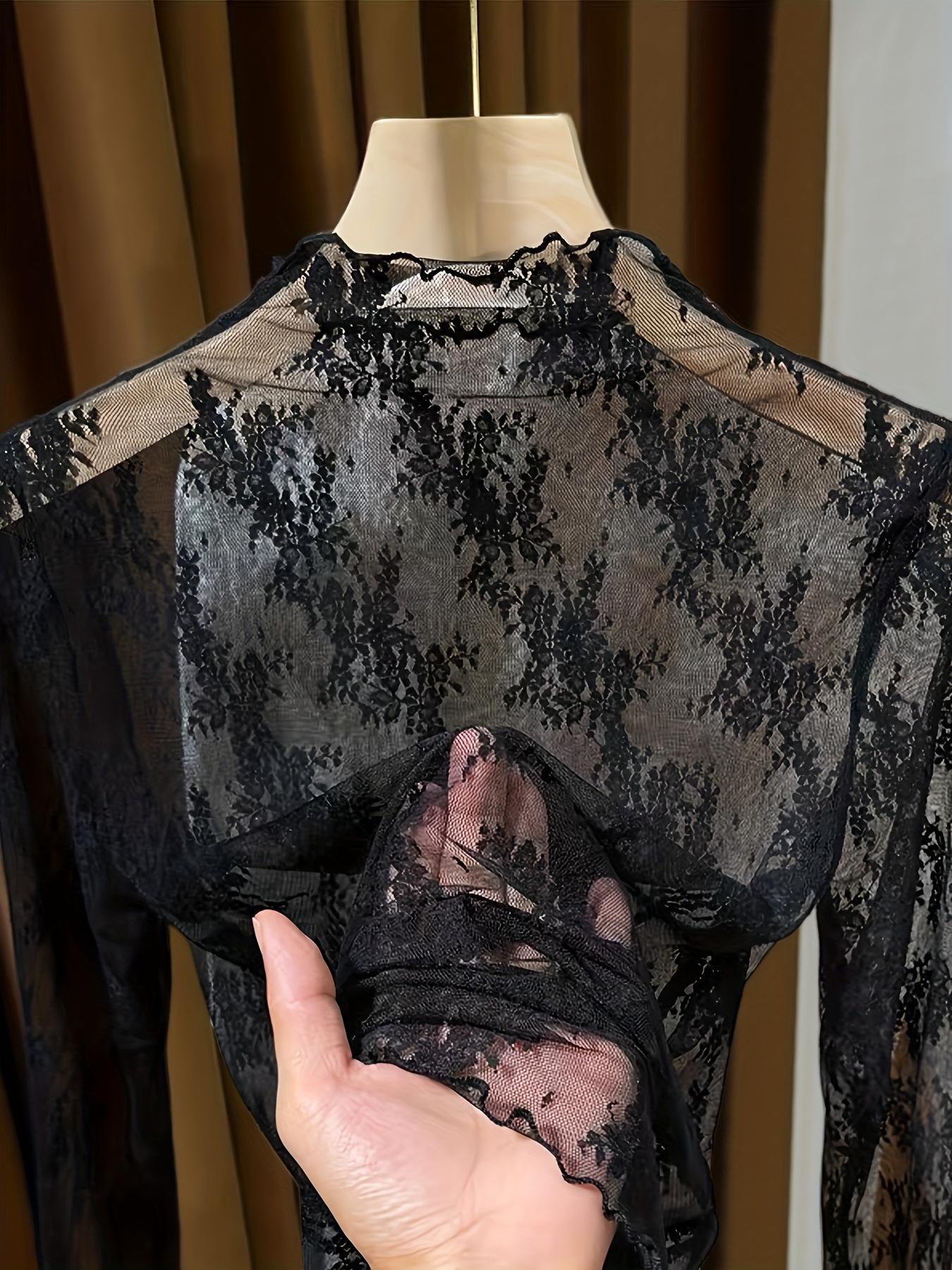 Women's Lace Long Sleeve Top, Lady, Half High Neck Design, Elegant Mesh Fabric, Perfect Inner Layer for Fall & Winter, Blouse, Womenswear