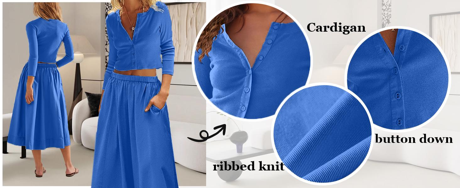 JovenPara Women's 2 Piece Lounge Sets Matching Ribbed Button Down Cardigan & Elastic Waist Skirt Sets gifts
