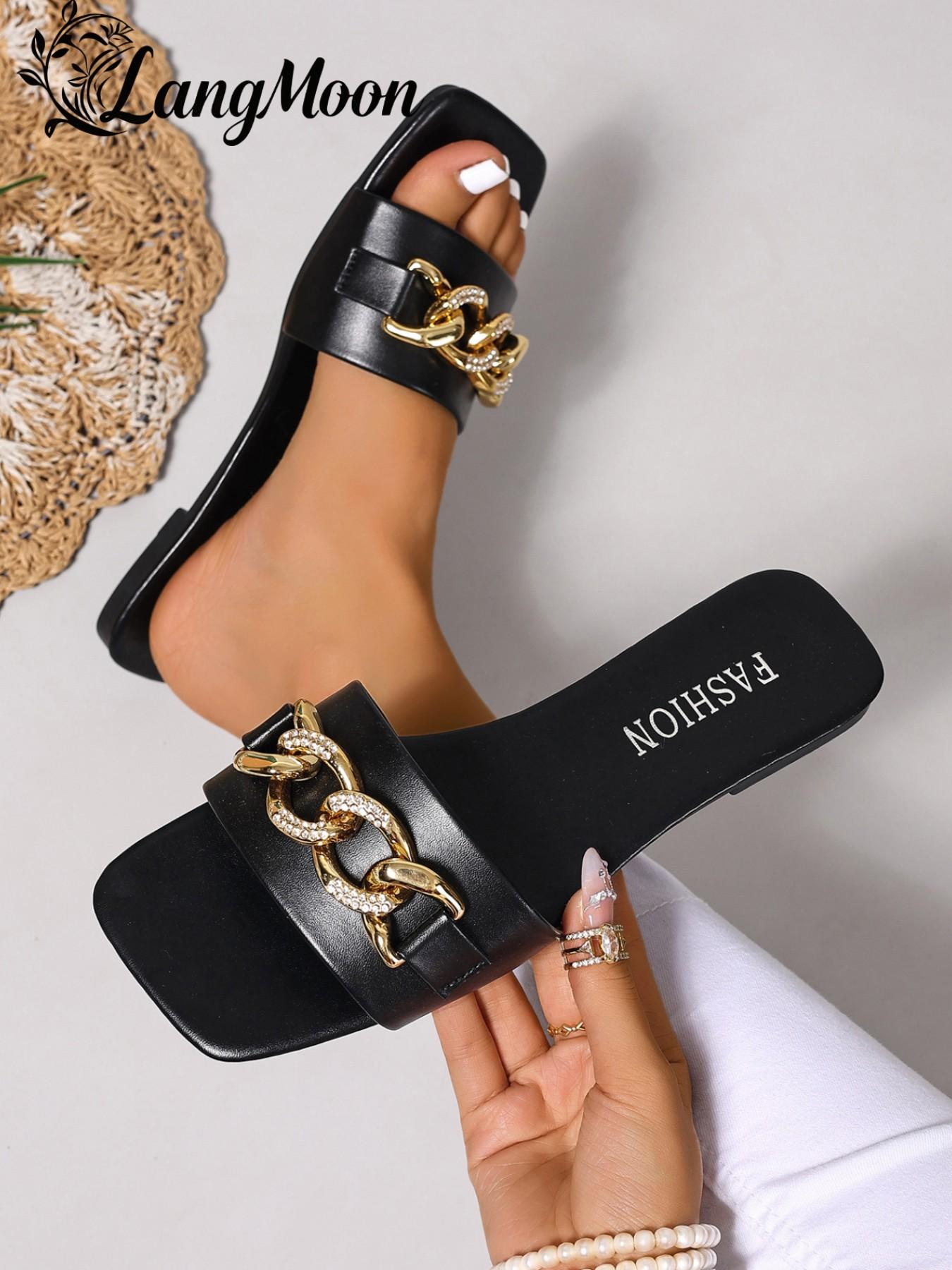 Women's Fashion Chain Decorated Slide Sandals, Open Toe Design, Elegant Fashionable Sandals, Comfy Sandals, Casual Comfortable Flat Sandals for Beach, Outdoor and Daily Wear
