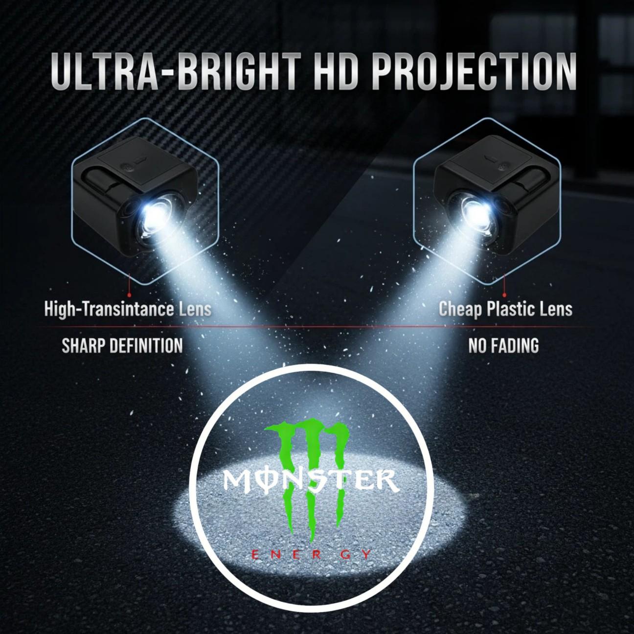 4 Pack Universal Car Door Ghost Shadow Projector Lights, Monster Energy Claw Logo LED Welcome Courtesy Lights, Waterproof No Drill Stick & Play Non-Destructive Installation