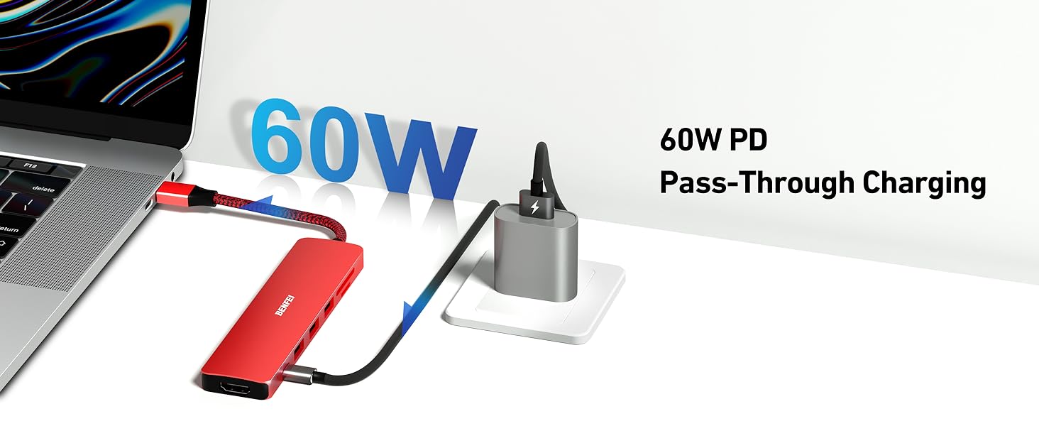 BENFEI USB C HUB Multiport Adapter - 7 in 1 Adapter with USB-C to HDMI Plus SD/TF Card Reader - 3 USB 3.0 Ports / 60W PD Compatible with iPhone 15 Pro/Max, MacBook, iPad Pro, iMac & More