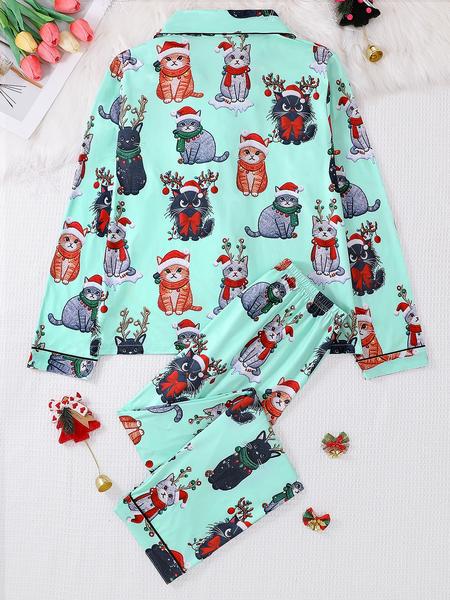 Women's Christmas Pajama Set, Long Sleeve Button Front Top & Elastic Pants, Animal Print, Casual Fitted Sleepwear for All Seasons, Nightwear Lounge Set