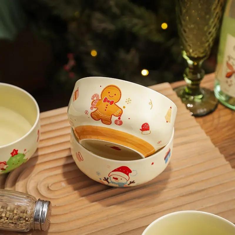 4Pcs Cute Snowman Christmas Tree Ceramic Bowl Kawaii Soup Bowl Home Kitchen Noodle Ramen Tableware Bowl Christmas Gift Kitchen Bowls