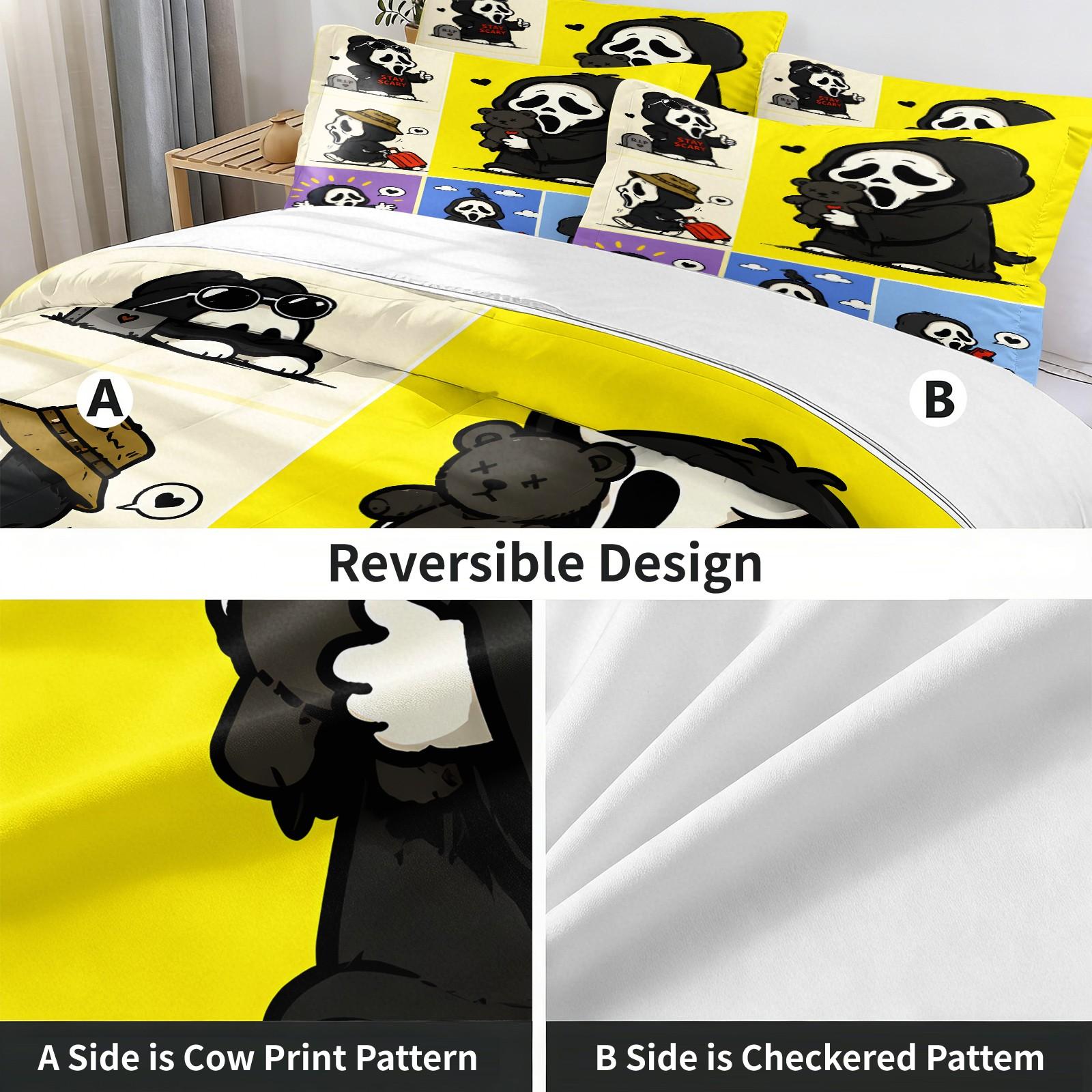 Color-Block Plaid Chibi Hugging a Teddy Bear, Pulling a Suitcase and Playing Phone Ghostface Print Comforter Set & 1-2 Pillowcases, Comfortable Easy Care Bedding, Halloween or Movie Fans Bedroom Dorm Decor