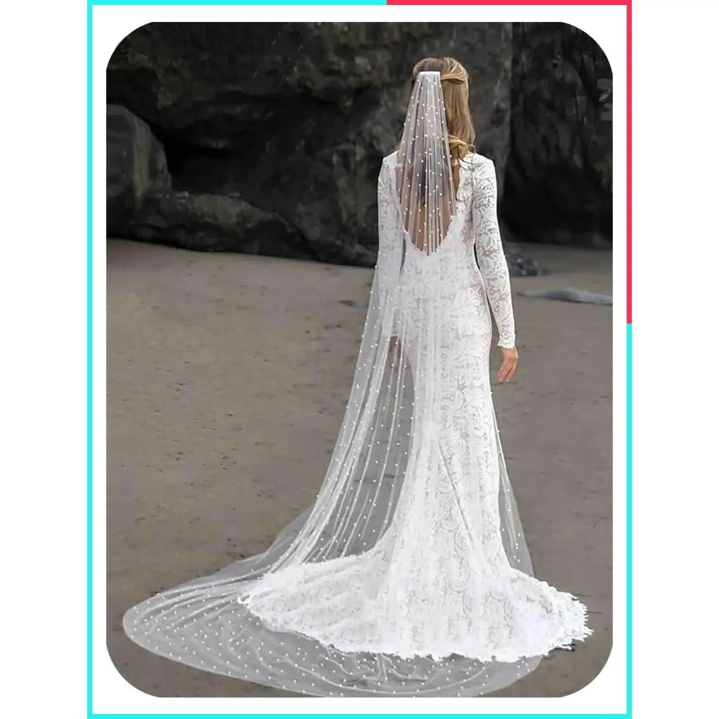 Cathedral Length Pearl Wedding Veil with Comb, 1 Tier White Bridal Veil for Women