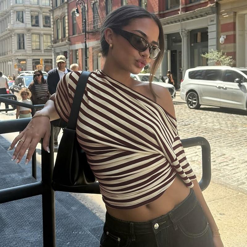 Women Summer Fashion Short Sleeve Asymmetrical One Shoulder Striped Asymmetric Hem T Shirt Tops Tee Casual Daily Tops Women Summer Fashion Short Sleeve Asymmetrical One Shoulder Striped Asymmetric Hem T Shirt Tops Tee Casual Daily Tops