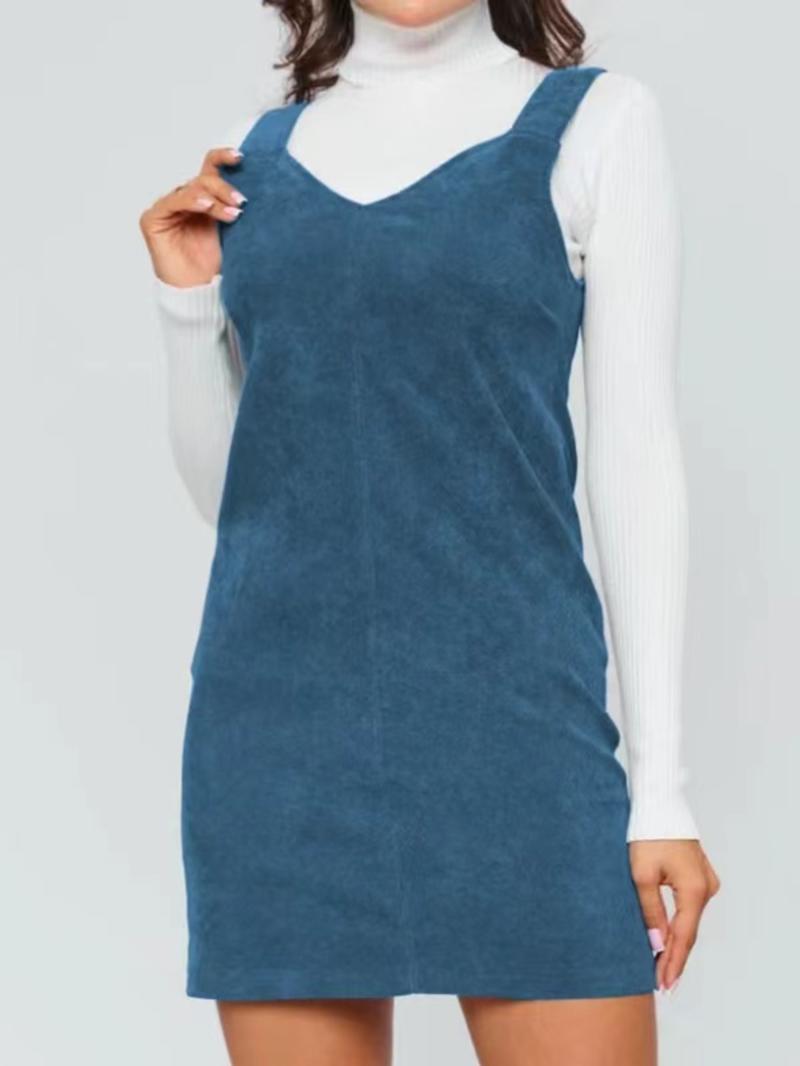 Women's Solid Color Corduroy Vest Dress without Sweater, Casual Sleeveless Straps Short Dress for Daily Wear, Ladies Clothes for All Seasons