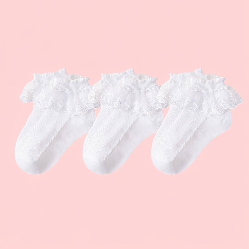 3 Pairs Cute Girls' Lace Socks, Princess Ruffle Short Socks, Soft Breathable Toddler Socks, Fashion Kids Gift for All Seasons