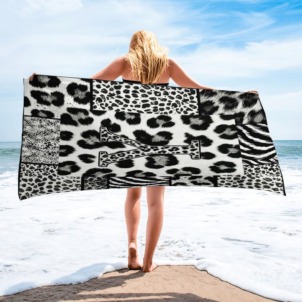 High Street Initial Leopard Print Beach Towel, Trendy Animal Print Patchwork, Quick Dry Lightweight Portable, Perfect for Trendsetters Pool Daily Use