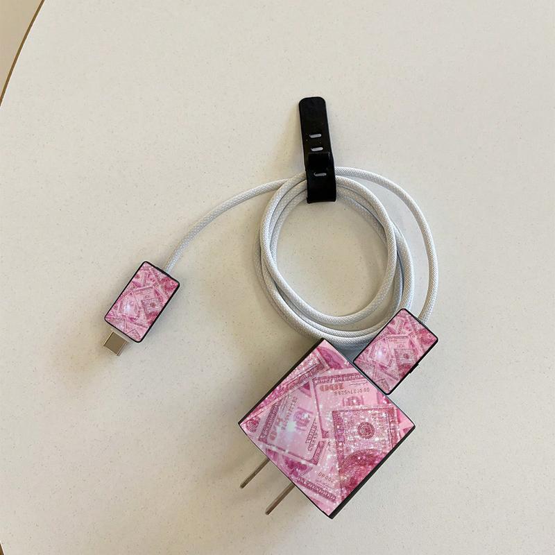 Pink Money Pattern Phone Case with Charger Head Cover & Cable Protector & Storage Rope, Anti-drop Cellphone Protective Case, Total Protective Phone Cases for iPhone, Casing