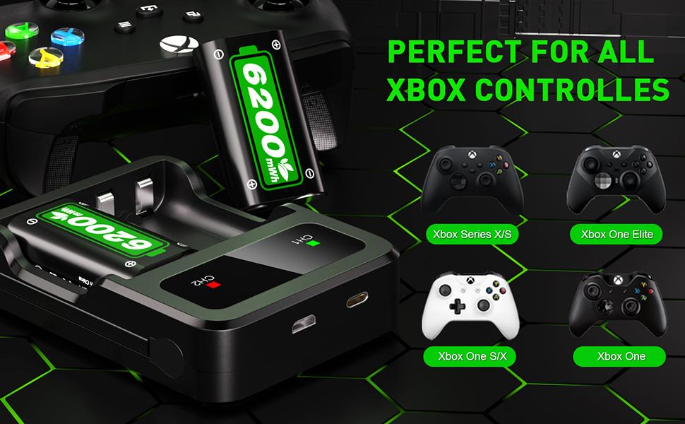 2×6200mWh Rechargeable Battery Packs for Xbox Controller, Compatible with Xbox One, One Elite, One S/X and Series S/X, High-Capacity, Fast Charging, Long-Lasting, Eco-Friendly Charging Station with Intelligent Protection, Console, Smartphone