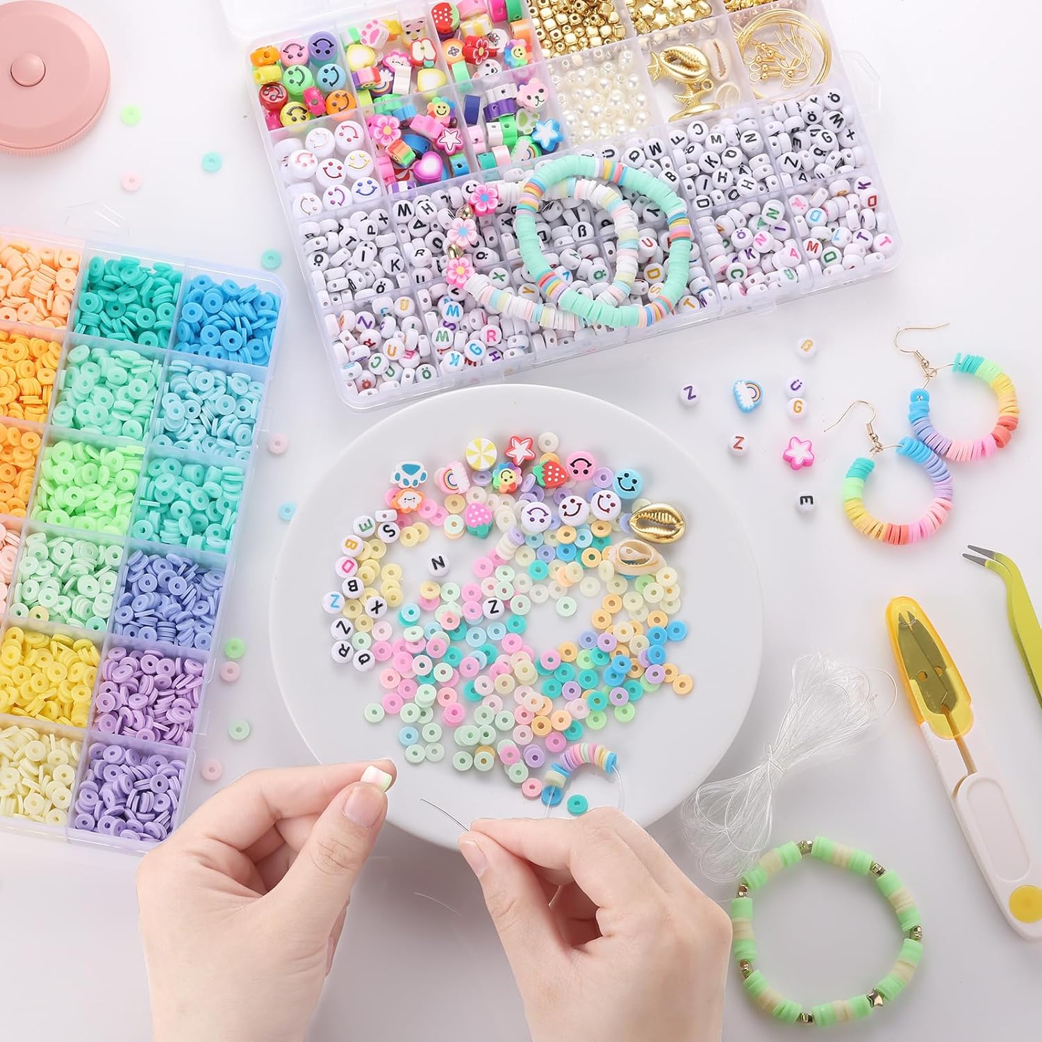 5800 Counts FUNTOPIA bead set, 6mm Heishi beads for bracelets with 624 Counts 24 set A - Z letter beads, 72 Counts polymer clay beads, 320 Counts  charms kit for rings necklaces gift (5800+Counts)