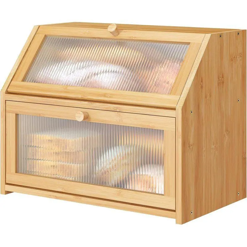 Large Bamboo Wood Double Layer Bread Box for Kitchen Counter, 2 Tier 14.6 x 9.4 Board Bread Storage Holds 2 Loaves Rolls Muffins, BPA Free,metal