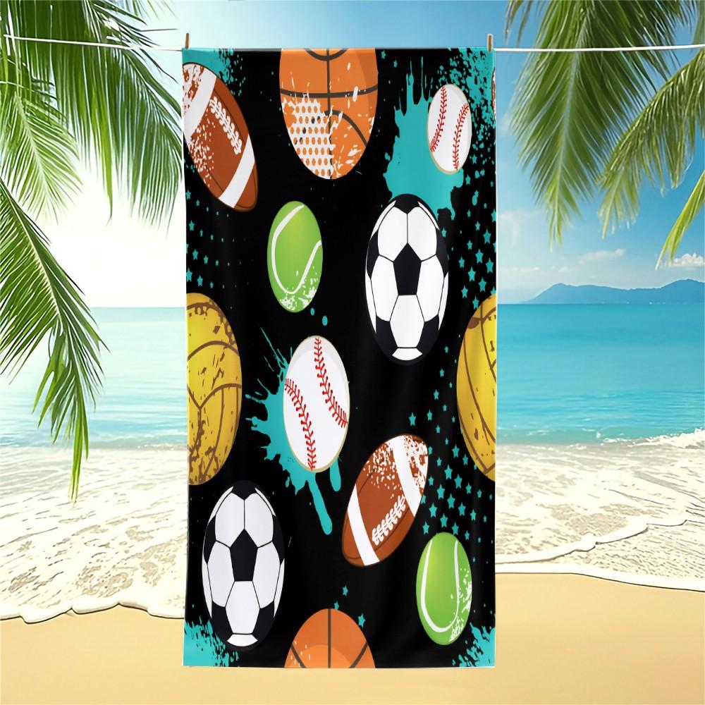 Graffiti Style Sports Ball Pattern Beach Towel, Lightweight Soft Microfiber Towel, Sand Resistant Quick Dry Bath Towel for Beach Travel Gym, Cool Sports Themed Summer Towel