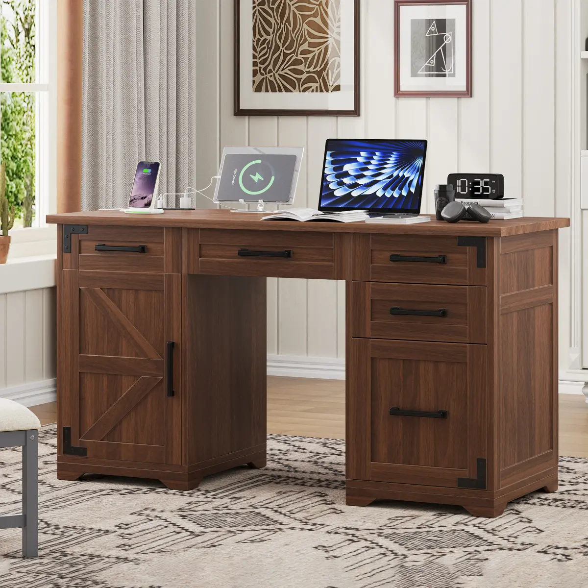 Bellemave 55" Farmhouse Executive Desk - Engineered Wood Rectangular Top Desk for Home Office, Charging Station, Power Outlet, 5 Drawers, Cabinet, File Drawer, Rustic Writing Study Table, Requires Assembly