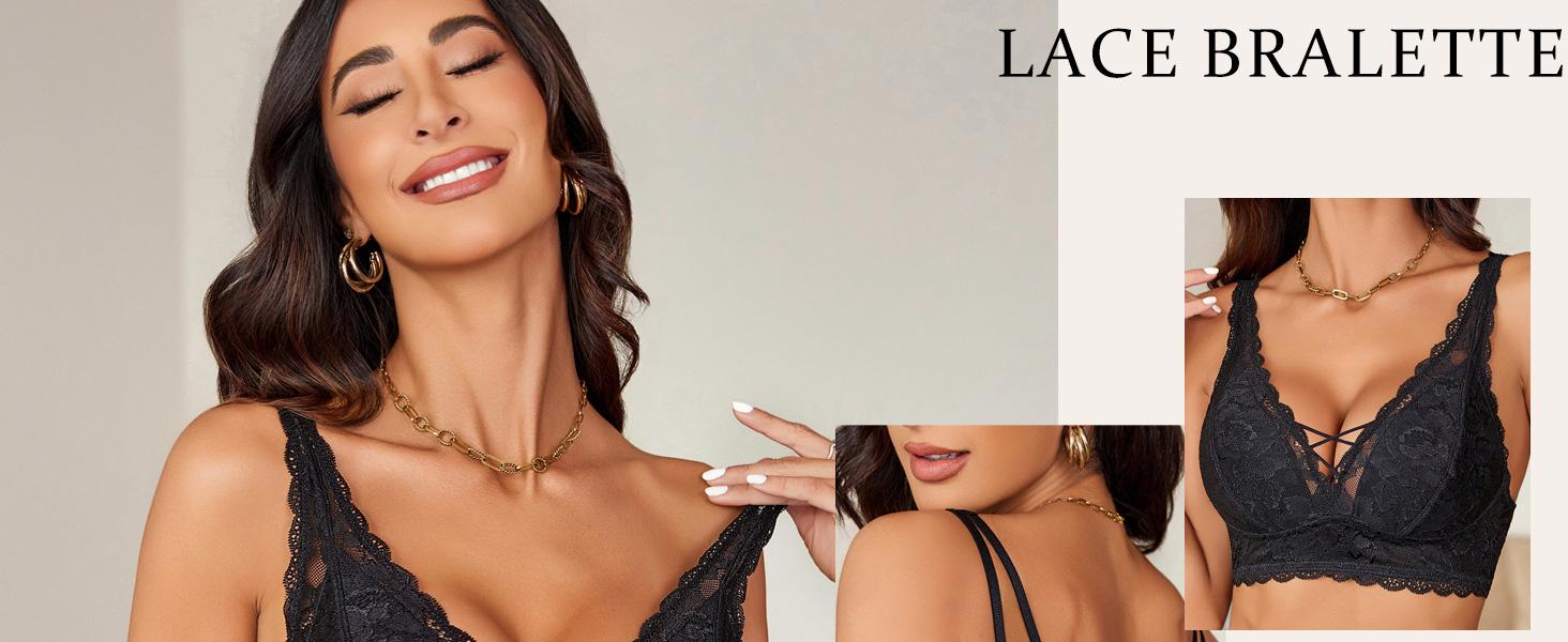 Avidlove Lace Bralettes for Women V Neck Criss Cross Bralette Non Padded Longline Bra Soft Comfy Breathable Fabric Adjustable Straps Wirefree Bra Top - Womenswear