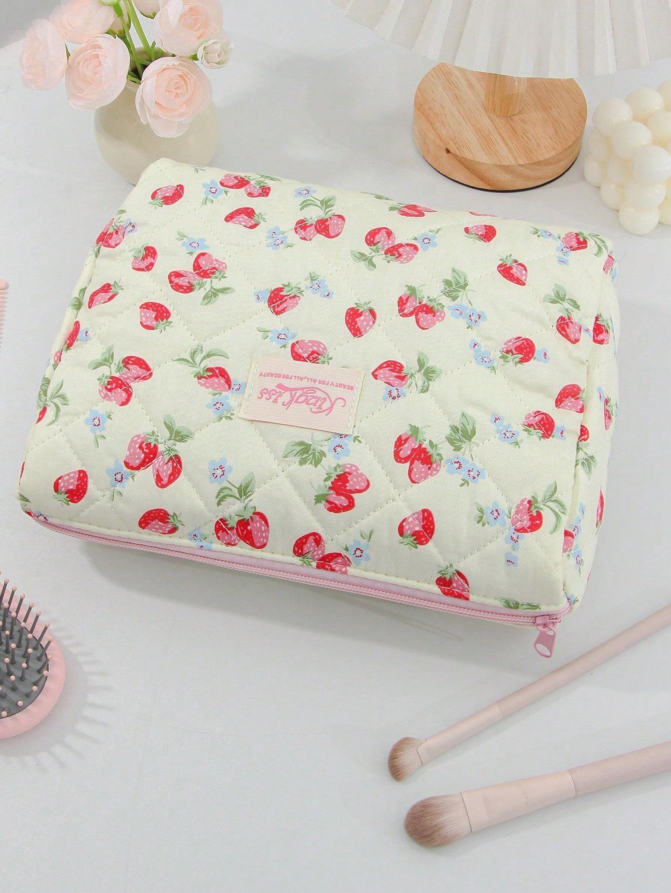 Cute Strawberry Pattern Makeup Bag, Large Capacity Travel Cosmetic Organizer, Multi-Functional Storage Pouch for Girls, Handy Makeup Brush & Pencil Case, Zipper Makeup Bag