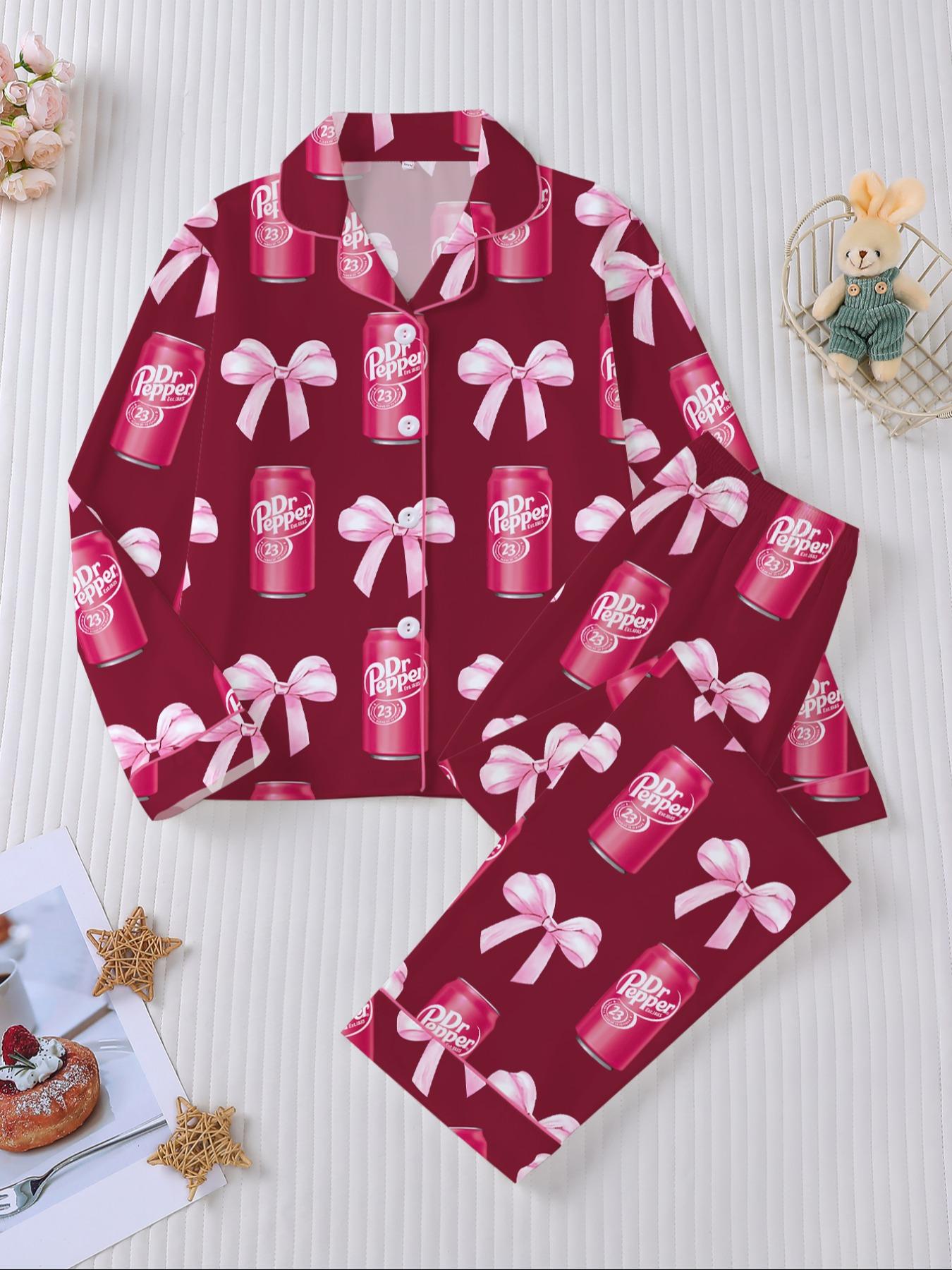 Dr Pepper Soda Bottle Bow Print Long Sleeve Pajama Set, Comfortable Fireproof Sleepwear, Loungewear, Fall Winter Home Wear, 2 Piece Set