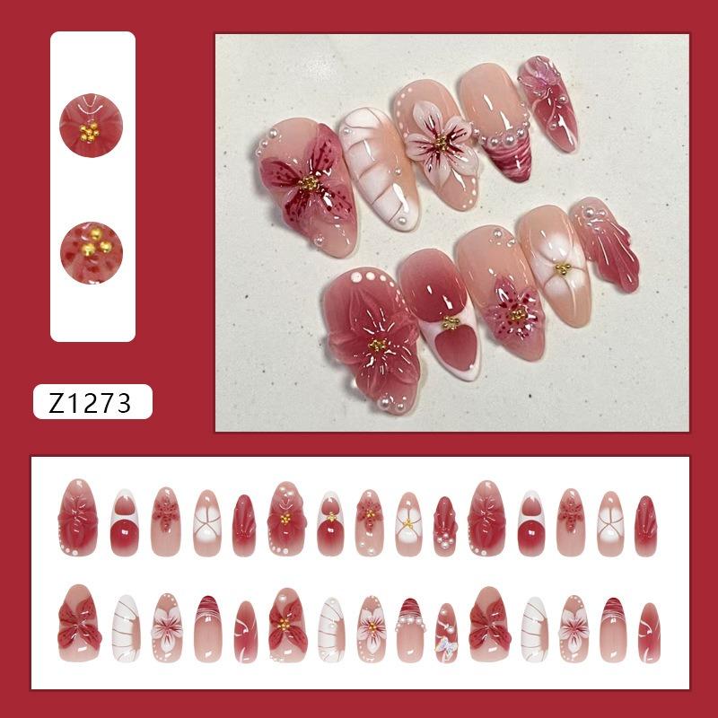 Soft Pink Cherry Blossom Nails - Hand-Carved Floral Press Ons with Pearl Details Flower Nails